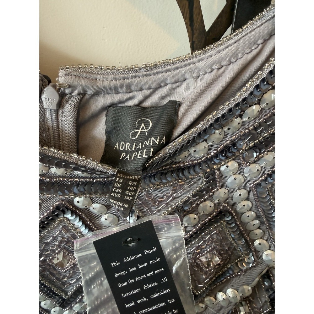 Adrianna Papell Gray Silver Beaded Sequin Sheath Dress 10P Short Sleeve dress - Picture 4 of 7